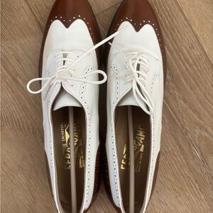 Vintage Salvatore Ferragamo White and Brown Oxford Shoes Never Worn
